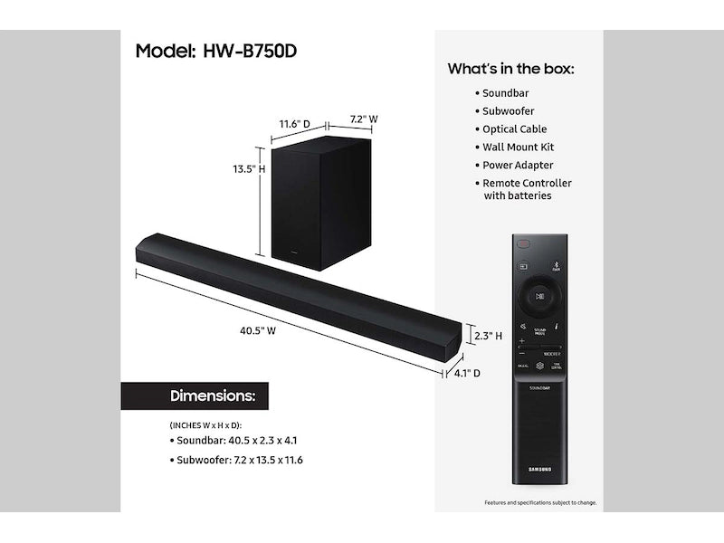 Samsung HW-B73CD/ZA – Barre de Son 5.1 Canaux avec DTS Virtual:X et Caisson de Basses Sans Fil