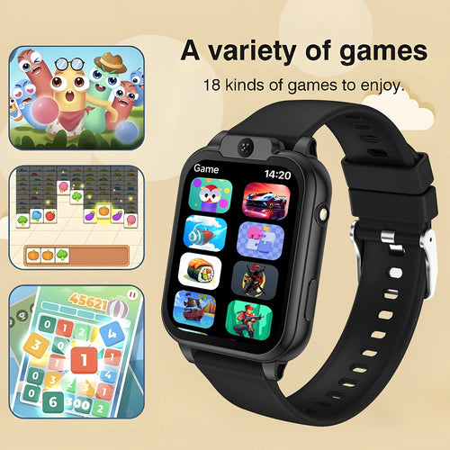 Montre de jeux pour enfants — caméra, 18 jeux, écran tactile 1,83" (sans SIM)