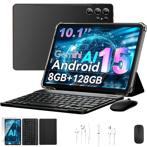 10.1-Inch Android 15 Tablet, 8GB/128GB, Keyboard Case, Mouse and Stylus Bundle