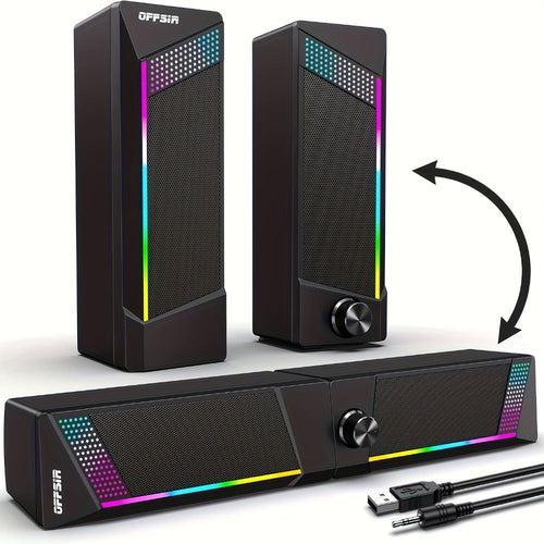 2-in-1 RGB Wired Computer Speakers, PC Soundbar with Subwoofer and Volume Control