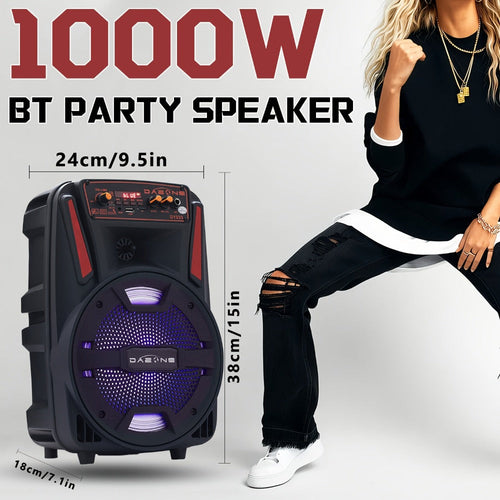 1000W Portable Party Speaker, 8-Inch Woofer, Karaoke Mic, RGB Lights, Bluetooth