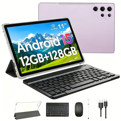 11-Inch Android 15 Tablet Bundle, 12GB Memory, 128GB, Keyboard Case, Stylus, Mouse