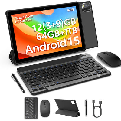 Tablette 2 en 1 de 10 po Android 15, 12 Go RAM (3+9), 64 Go, étui-clavier et stylet