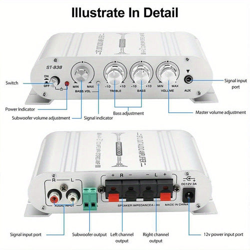 2.1 Channel 12V Class A/B Car Audio Amplifier with RCA, AUX and Sub Output ST-838