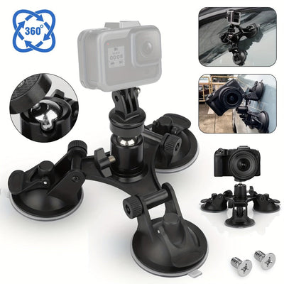 Triple Suction Cup Camera Mount, 360° Ball Head, Quick Release, 1/4-Inch Screw