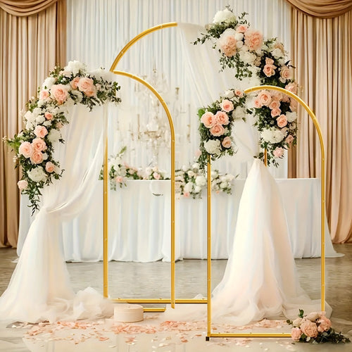 3-Pack Gold Metal Backdrop Arch Set, 7.2 / 6.6 / 6 ft, with 7 Clips