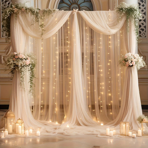 Toile de fond photo en tulle champagne, 2 panneaux, guirlande lumineuse USB et 10 crochets