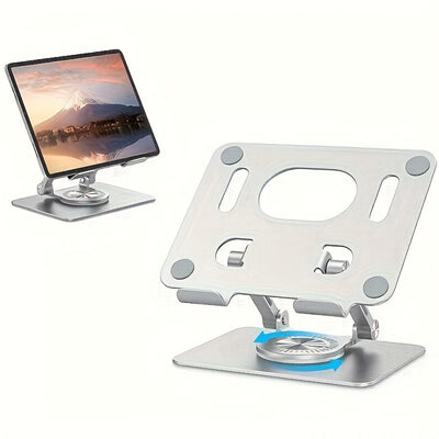 Rotating Foldable Metal Tablet Stand with Desktop Base, Black or Silver
