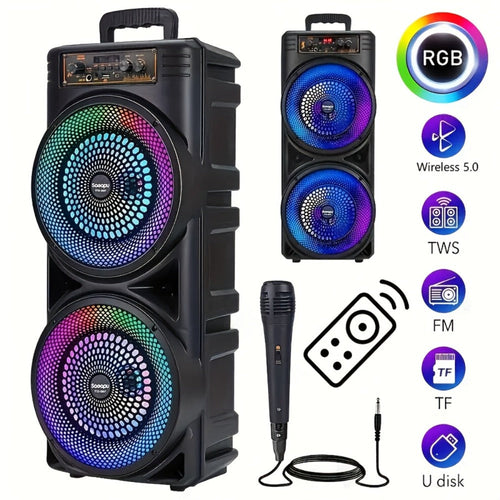 Haut-parleur de fête Bluetooth 5.0, 2 caissons de 8,5 po, lumières RGB, radio FM et micro
