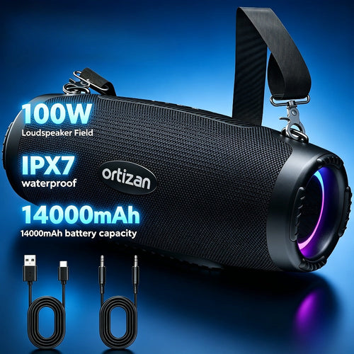 Haut-parleur Bluetooth 100 W style baladeur, batterie 14000 mAh, IPX7, DEL RVB, sangle