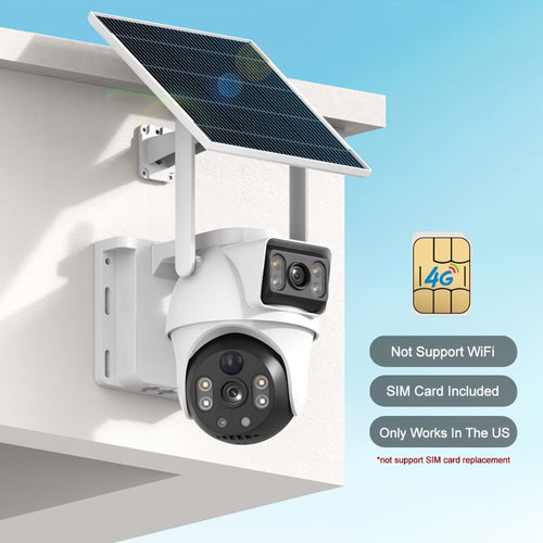 Caméra de sécurité solaire 4G LTE 8 MP double objectif PTZ 360°, sans Wi-Fi, SIM incluse