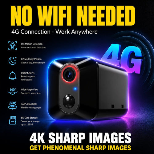 Caméra de sécurité 4G LTE 4K sans Wi-Fi, batterie rechargeable, détection PIR