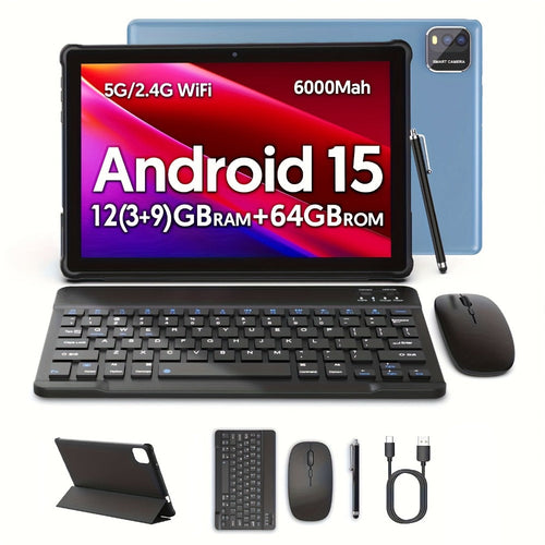Tablette 2 en 1 Android 15 de 10 po FHD, 64 Go, batterie 6000 mAh, avec clavier ou étui