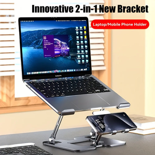 2-in-1 Laptop and Phone Stand, Adjustable Foldable Metal Frame