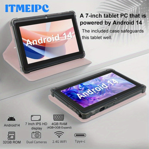Tablette Android 14 compacte de 7 po, 32 Go, rose, avec étui de protection