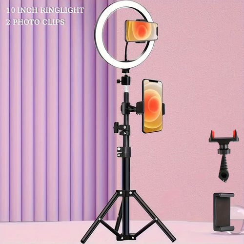 12-Inch USB Ring Light with Retractable Floor Tripod and 2 Phone Clips, 3-Colour or RGB