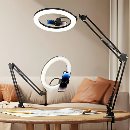 7.87-Inch LED Ring Light with Articulating Desk Clamp Arm, Phone Holder and USB Control
