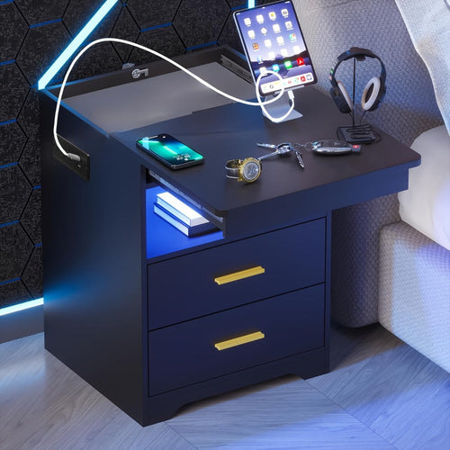 Table de chevet 2 tiroirs avec compartiment secret verrouillable, recharge et DEL RVB
