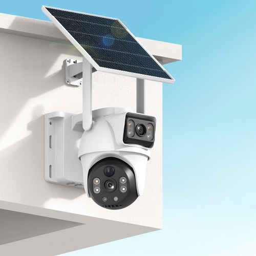 Caméra de sécurité solaire Wi-Fi double objectif, pivotante, détecteur PIR, sirène