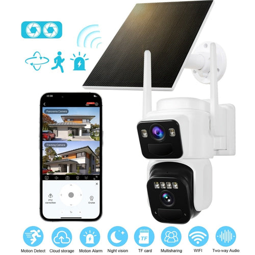 Caméra de sécurité solaire double objectif, détection PIR, audio bidirectionnel