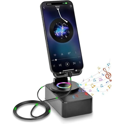 3-in-1 Induction Speaker Phone Stand, Foldable Tabletop Mount with Stereo Amplifier