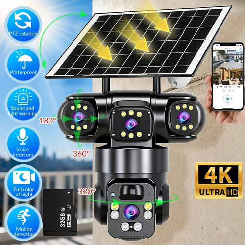 Caméra de sécurité solaire 4K à triple objectif, pivotante, zoom 10X, batterie 8000 mAh