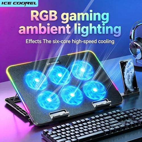 Support refroidissant pour portable 12-17,3 po, 6 ventilateurs, 5 hauteurs, 2 USB, RGB